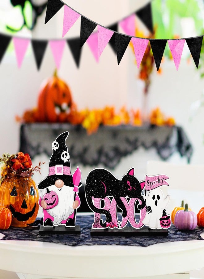 Blosssound 5 Pcs Halloween Table Signs Decor Happy Boo Day Wooden Sign Black and Pink Spooky Gnome Cat Pumpkin Ghost Witch Centerpieces for Halloween Indoor Home Table Party Decorations - Image 5